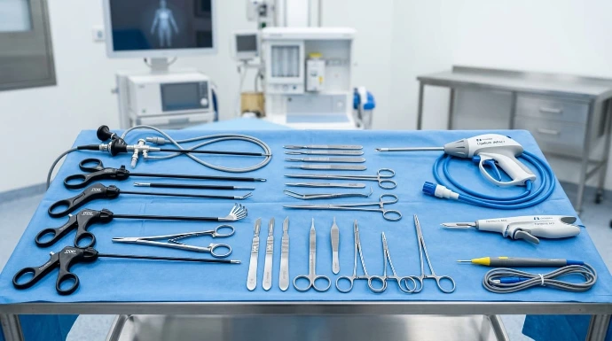 Laparoscopic tools, open surgical instruments, and advanced energy devices used in general and minimally invasive surgery.