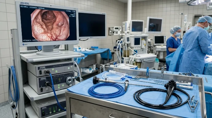 High-definition video tower with rigid and flexible endoscopes and diagnostic equipment from Karl Storz, Olympus, and Richard Wolf.