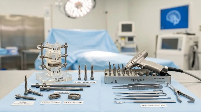Precision spine implants, surgical power tools, and neurosurgical devices from DePuy Synthes, Codman, and Stryker.